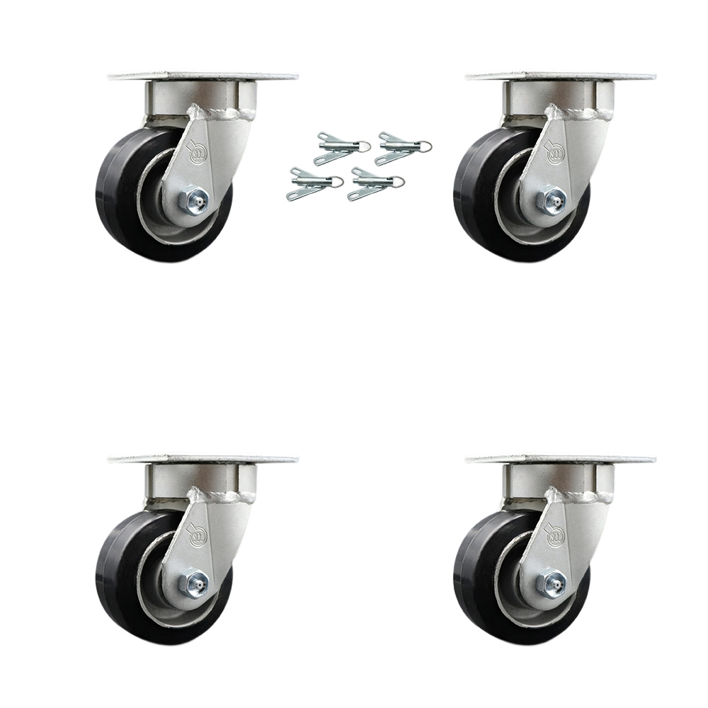 SCC-KP30S420-RAR-BSL-4 Kingpinless Rubber on Aluminum Swivel Top Plate Caster with 4 x 2 in. Black Wheels - 1600 lbs Total Capacity - Set of 4
