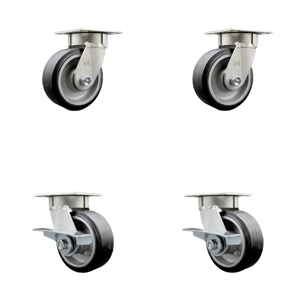 SCC-KP30S520-RAR-2-SLB-2 Kingpinless Rubber on Aluminum Swivel Top Plate Caster with 5 x 2 in. Black Wheels - 2000 lbs Total Capacity - Set of 4