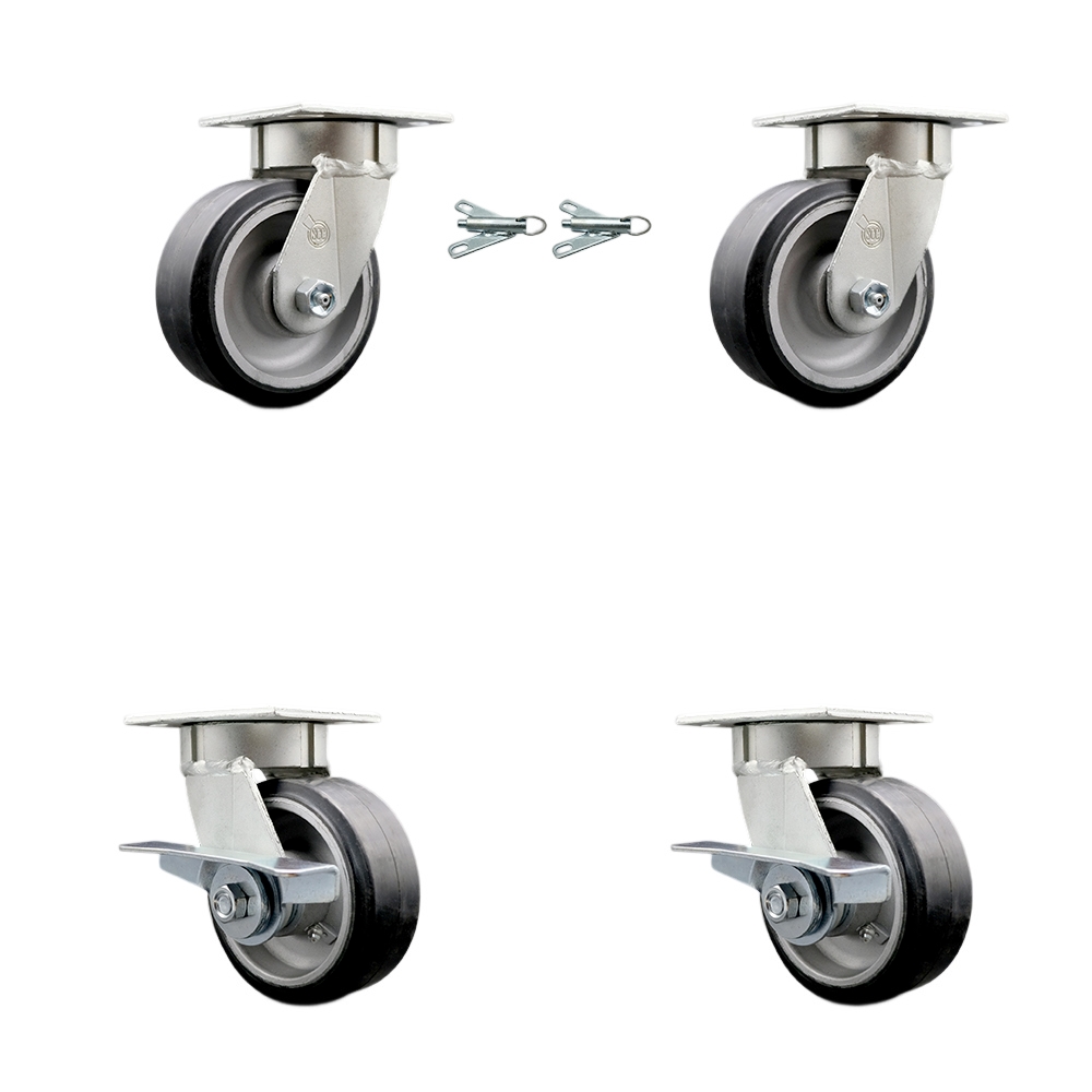 SCC-KP30S520-RAR-BSL-2-SLB-2 Kingpinless Rubber on Aluminum Swivel Top Plate Caster with 5 x 2 in. Black Wheels - 2000 lbs Total Capacity - Set of 4