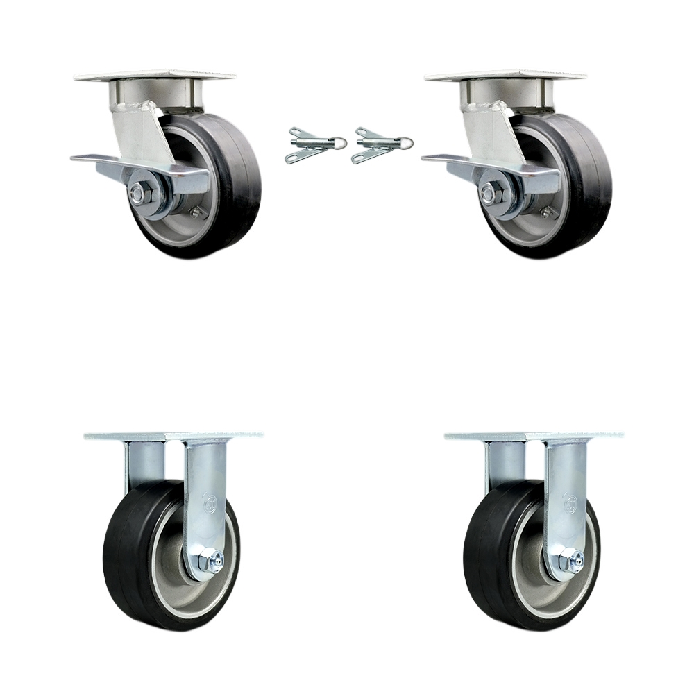 Kingpinless Rubber on Aluminum Swivel Top Plate Caster with 5 x 2 in. Black Wheels - 2000 lbs Total Capacity - Set of 4