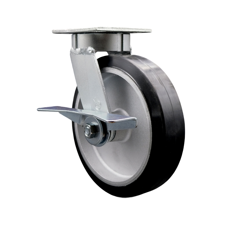 Kingpinless Rubber on Aluminum Swivel Top Plate Caster with 8 x 2 in. Black Wheel & Side Lock Brake - 600 lbs Capacity per Caster