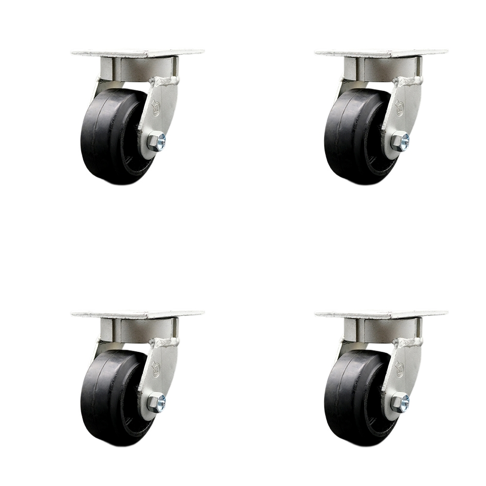 SCC-KP30S420-RSR-4 Kingpinless Rubber on Cast Iron Swivel Top Plate Caster with 4 x 2 in. Black Wheels - 1600 lbs Total Capacity - Set of 4
