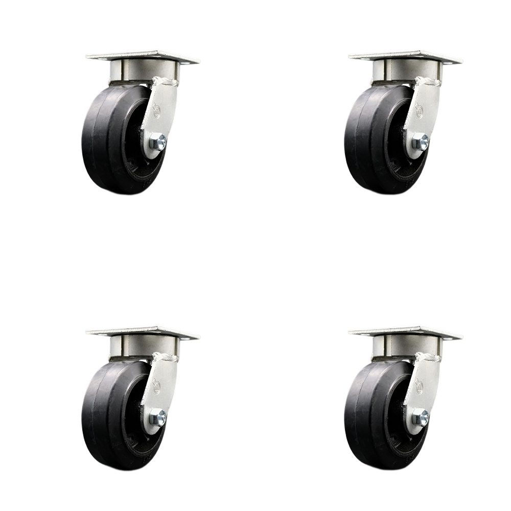 SCC-KP30S520-RSR-4 Kingpinless Rubber on Cast Iron Swivel Top Plate Caster with 5 x 2 in. Black Wheels - 1600 lbs Total Capacity - Set of 4