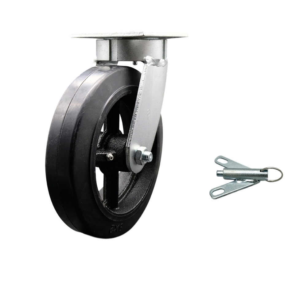 Kingpinless Rubber on Cast Iron Swivel Top Plate Caster with 8 x 2 in. Black Wheel & Bolt on Swivel Lock - 500 lbs Capacity per Caster