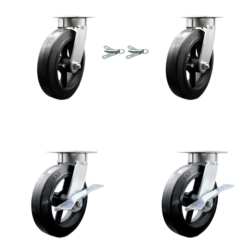 SCC-KP30S820-RSR-BSL-2-SLB-2 Kingpinless Rubber on Cast Iron Swivel Top Plate Caster with 8 x 2 in. Black Wheels - 2000 lbs Total Capacity - Set of 4