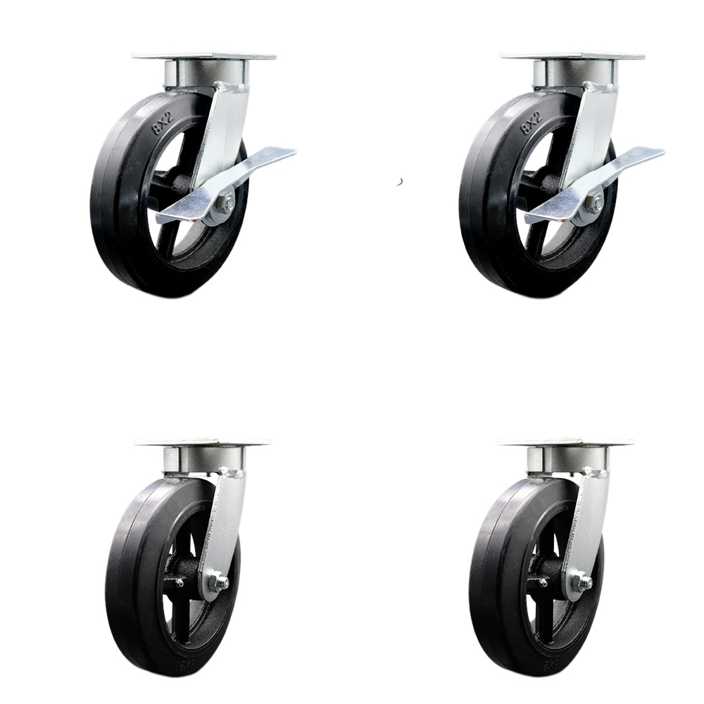 SCC-KP30S820-RSR-SLB-BSL-2-BSL-2 Kingpinless Rubber on Cast Iron Swivel Top Plate Caster with 8 x 2 in. Black Wheels - 2000 lbs Capacity - Set of 4