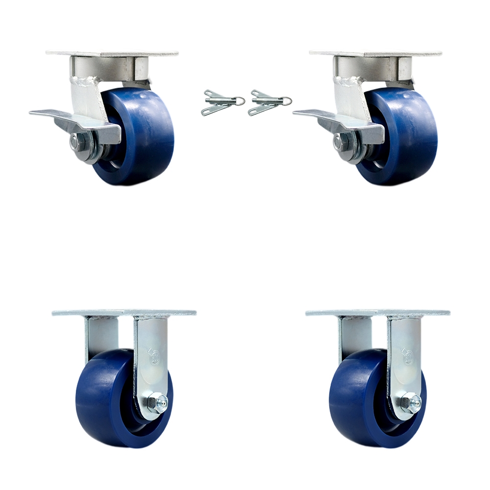 Kingpinless Solid Polyurethane Swivel Top Plate Caster with 4 x 2 in. Blue Wheels - 2800 lbs Total Capacity - Set of 4