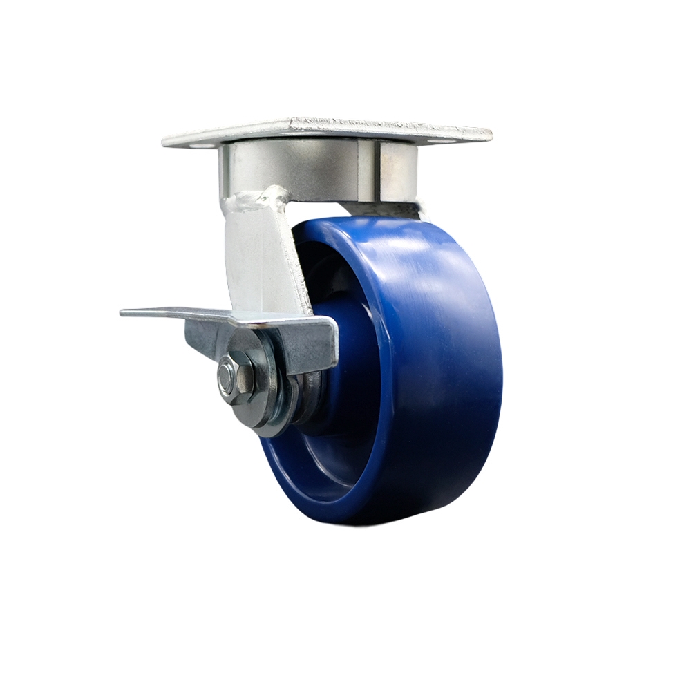 Kingpinless Solid Polyurethane Swivel Top Plate Caster with 5 x 2 in. Blue Wheel & Side Lock Brake - 1000 lbs Capacity per Caster