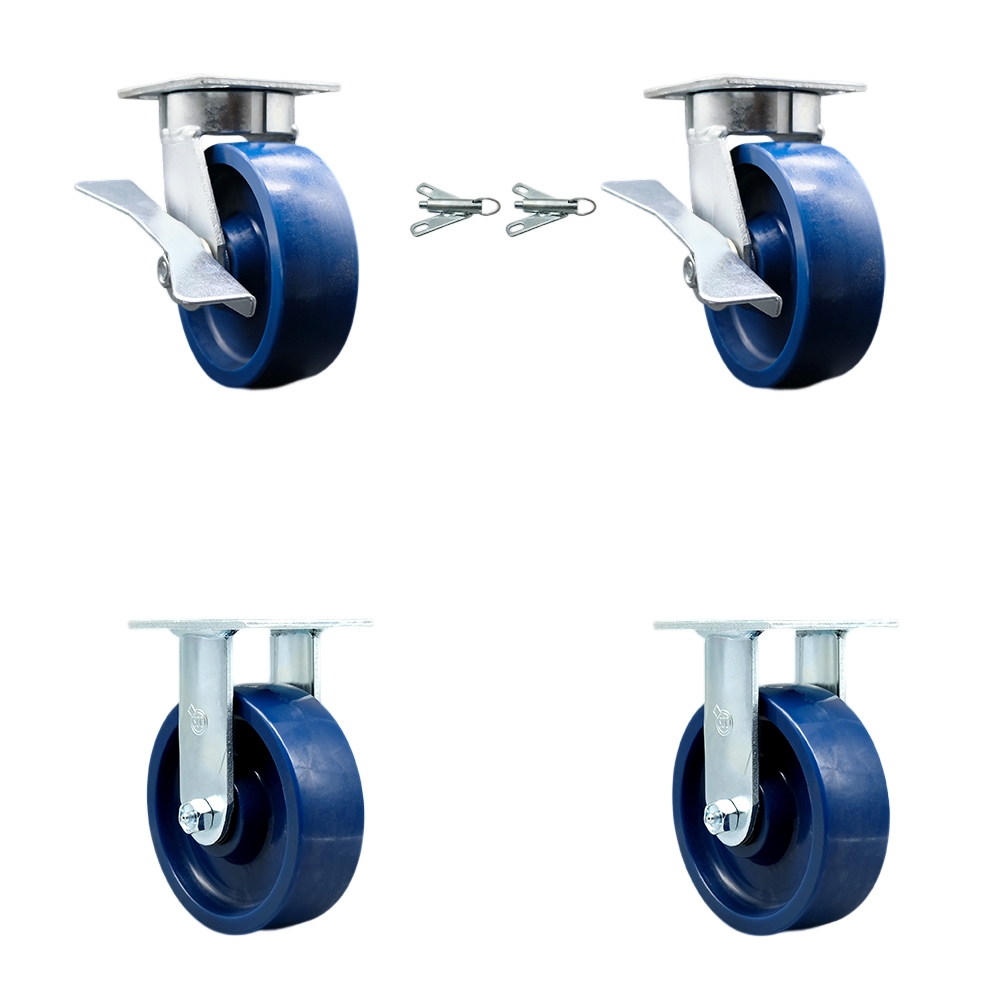 Kingpinless Solid Polyurethane Swivel Top Plate Caster with 6 x 2 in. Blue Wheels - 4800 lbs Total Capacity - Set of 4