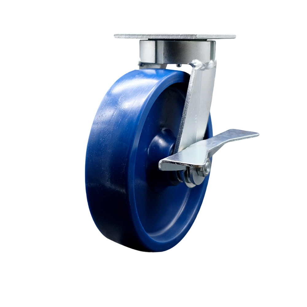 Kingpinless Solid Polyurethane Swivel Top Plate Caster with 8 x 2 in. Blue Wheel & Side Lock Brake - 1200 lbs Capacity per Caster