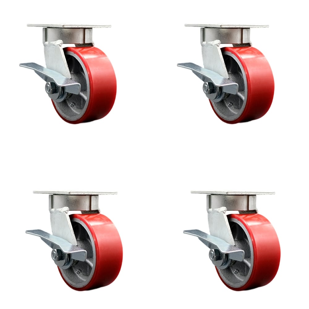 Kingpinless Polyurethane on Cast Iron Swivel Top Plate Caster with 5 x 2 in. Red Wheels - 3600 lbs Total Capacity - Set of 4