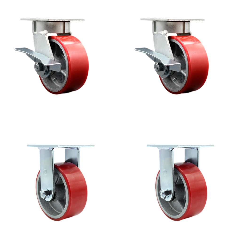 Kingpinless Polyurethane on Cast Iron Swivel Top Plate Caster with 5 x 2 in. Red Wheels - 3600 lbs Total Capacity - Set of 4