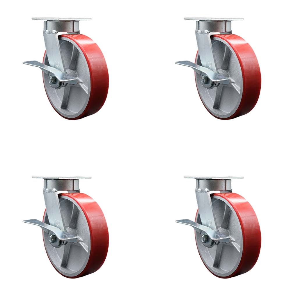 SCC-KP30S820-PUR-RS-SLB-BSL-2-SLB-2 Kingpinless Poly on Cast Iron Swivel Top Plate Caster with 8 x 2 in. Red Wheels - 5000 lbs Capacity - Set of 4