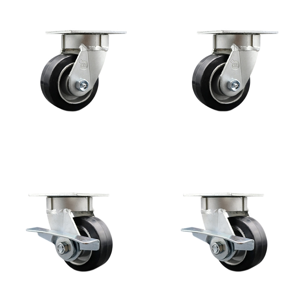 SCC-KP30S420-RAR-2-SLB-2 Kingpinless Rubber on Aluminum Swivel Top Plate Caster with 4 x 2 in. Black Wheels - 1600 lbs Total Capacity - Set of 4