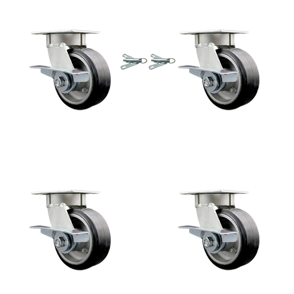 SCC-KP30S520-RAR-SLB-BSL-2-SLB-2 Kingpinless Rubber on Aluminum Swivel Top Plate Caster with 5 x 2 in. Black Wheels - 2000 lbs Capacity - Set of 4