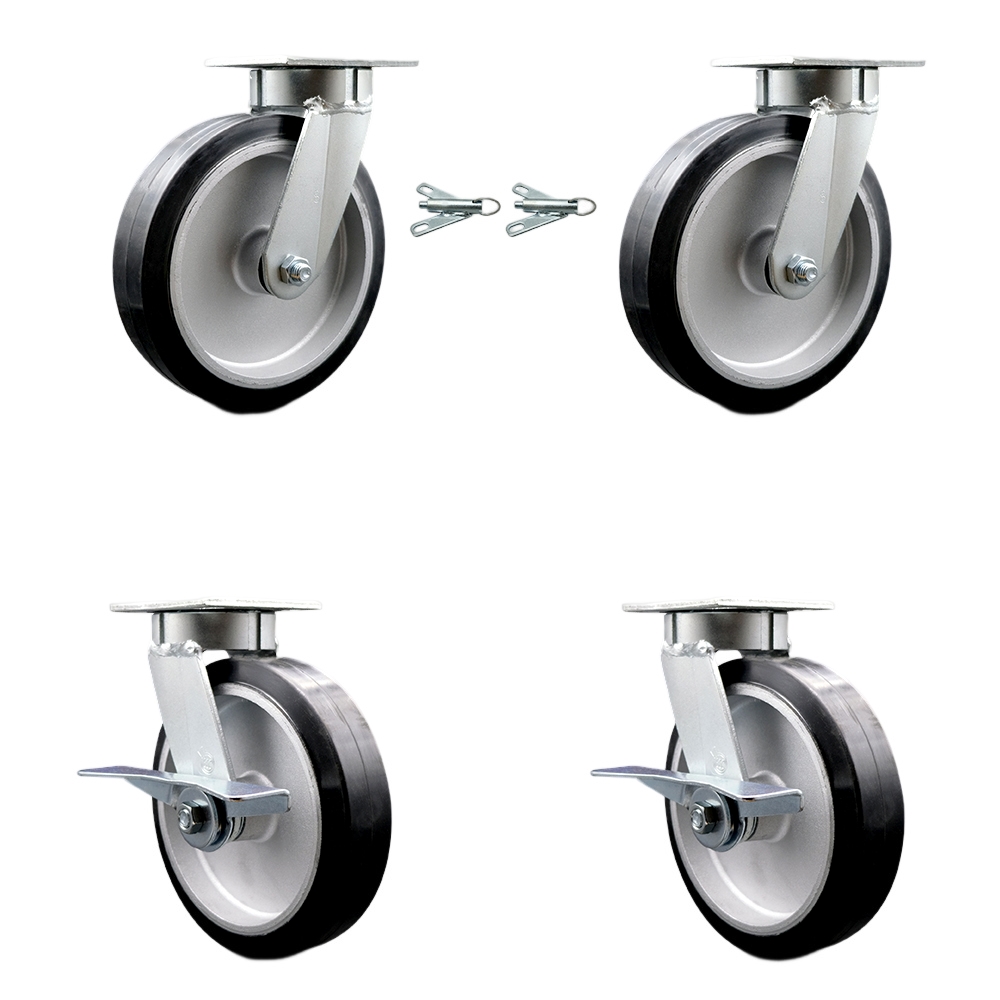 SCC-KP30S820-RAR-BSL-2-SLB-2 Kingpinless Rubber on Aluminum Swivel Top Plate Caster with 8 x 2 in. Black Wheels - 2400 lbs Total Capacity - Set of 4