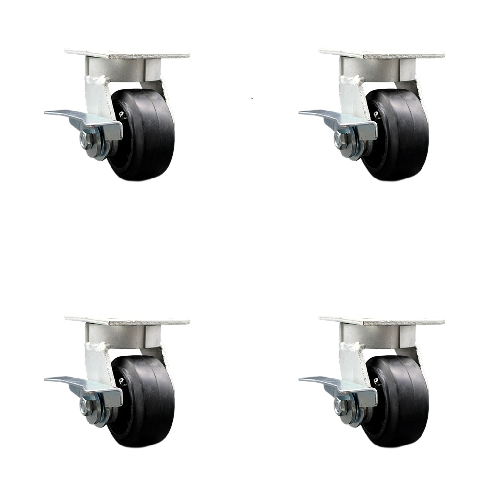 SCC-KP30S420-RSR-SLB-BSL-4 Kingpinless Rubber on Cast Iron Swivel Top Plate Caster with 4 x 2 in. Black Wheels - 1600 lbs Total Capacity - Set of 4