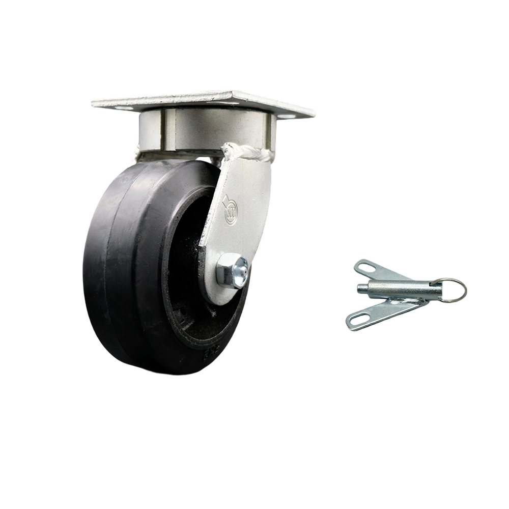 Kingpinless Rubber on Cast Iron Swivel Top Plate Caster with 5 x 2 in. Black Wheel & Bolt on Swivel Lock - 400 lbs Capacity per Caster