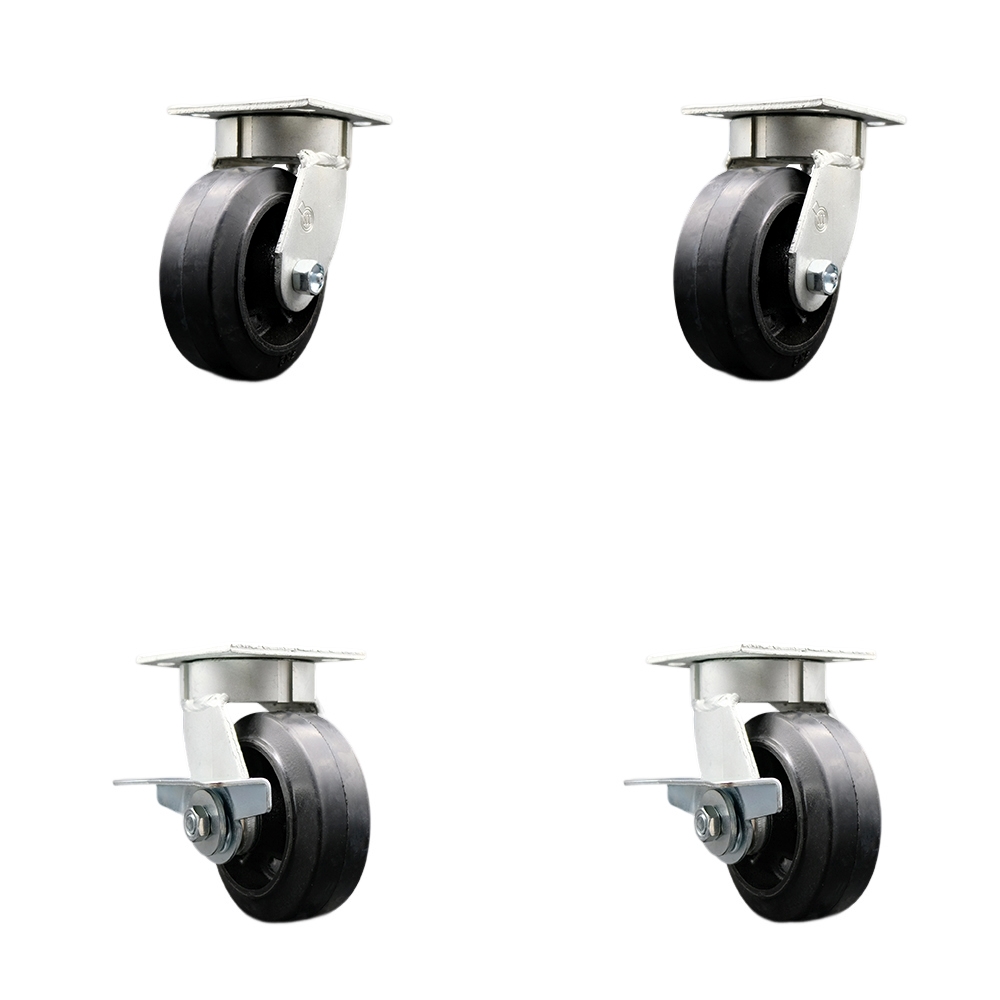 SCC-KP30S520-RSR-2-SLB-2 Kingpinless Rubber on Cast Iron Swivel Top Plate Caster with 5 x 2 in. Black Wheels - 1600 lbs Total Capacity - Set of 4