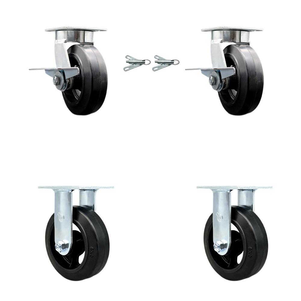 Kingpinless Rubber on Cast Iron Swivel Top Plate Caster with 6 x 2 in. Black Wheels - 1800 lbs Total Capacity - Set of 4