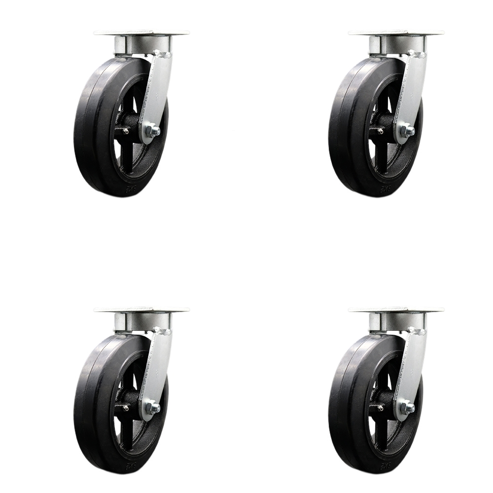SCC-KP30S820-RSR-BSL-4 Kingpinless Rubber on Cast Iron Swivel Top Plate Caster with 8 x 2 in. Black Wheels - 2000 lbs Total Capacity - Set of 4