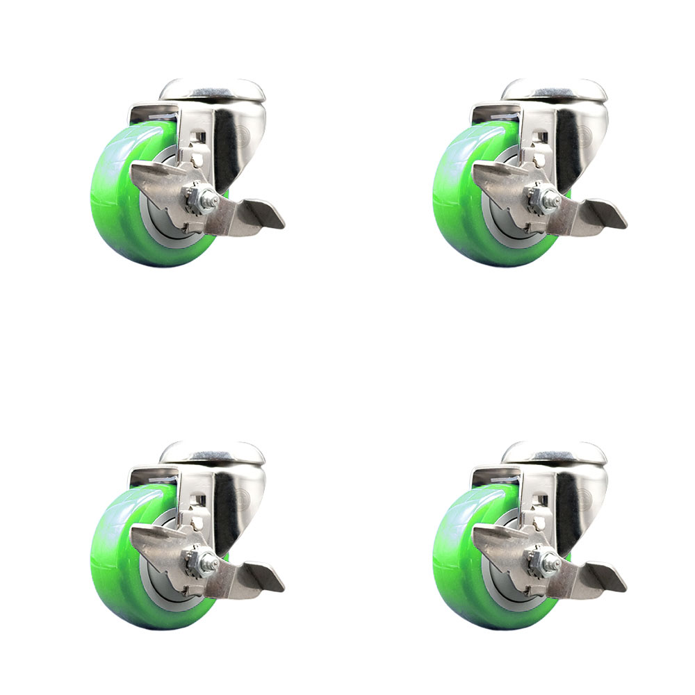 SCC-SS316BH20S314-PPUB-GRN-TLB-4 Polyurethane Swivel Bolt Hole Caster with 3 in. Green Caster Wheels - 316 Stainless Steel Casters - Set of 4