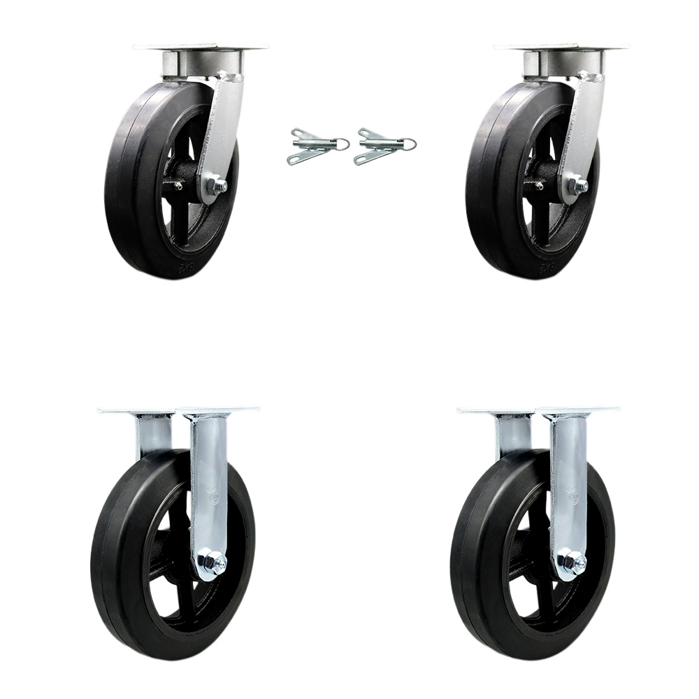 SCC-KP30S820-RSR-BSL-2-R-2 Kingpinless Rubber on Cast Iron Swivel Top Plate Caster with 8 x 2 in. Black Wheels - 2000 lbs Total Capacity - Set of 4