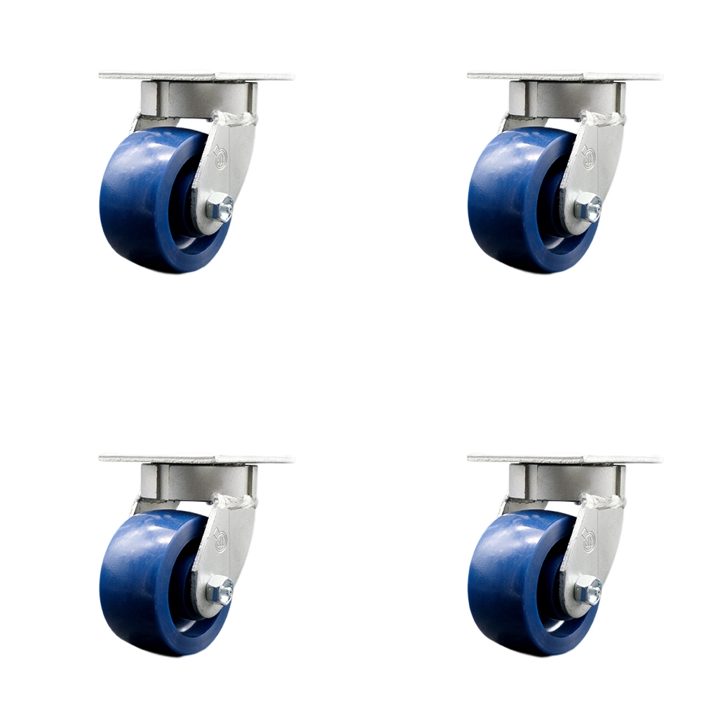 SCC-KP30S420-SPUR-BSL-4 Kingpinless Solid Polyurethane Swivel Top Plate Caster with 4 x 2 in. Blue Wheels - 2800 lbs Total Capacity - Set of 4