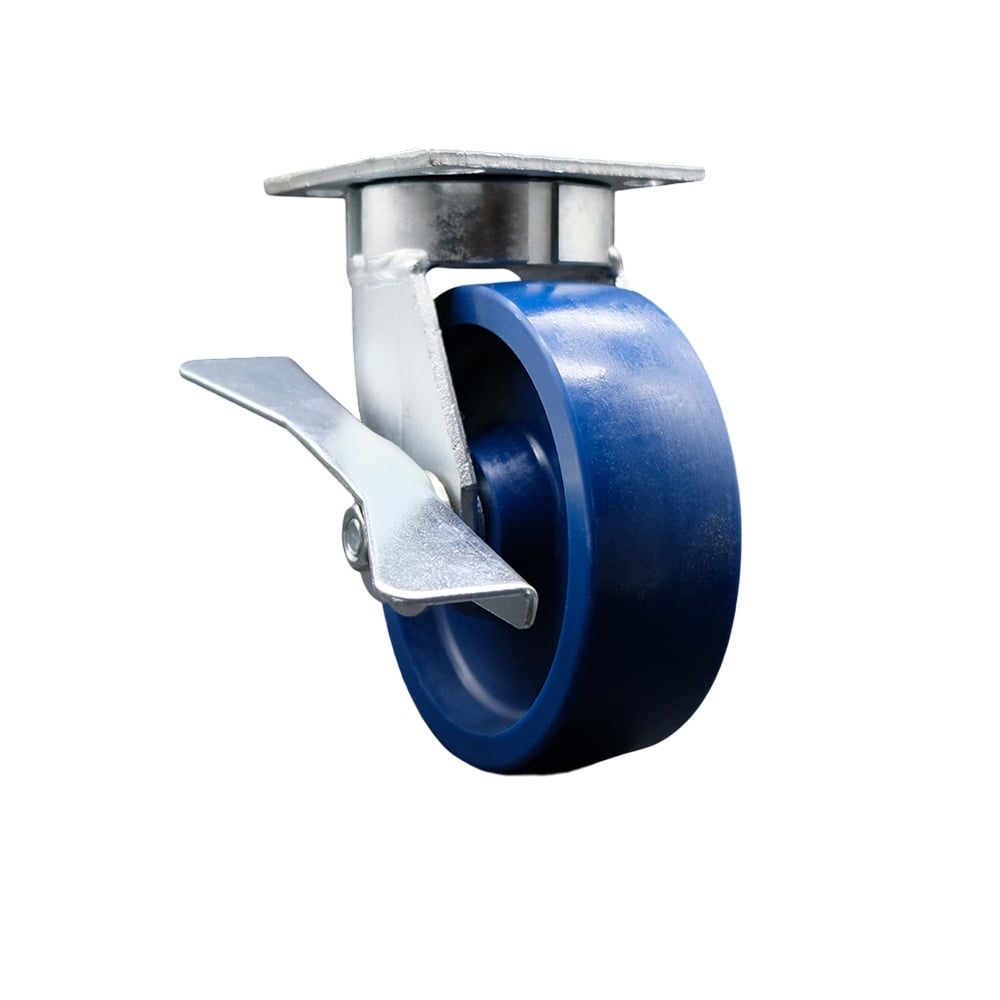 Kingpinless Solid Polyurethane Swivel Top Plate Caster with 6 x 2 in. Blue Wheel & Side Lock Brake - 1200 lbs Capacity per Caster