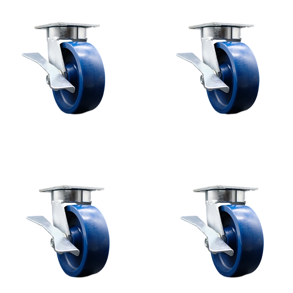 SCC-KP30S620-SPUR-SLB-4 Kingpinless Solid Polyurethane Swivel Top Plate Caster with 6 x 2 in. Blue Wheels - 4800 lbs Total Capacity - Set of 4