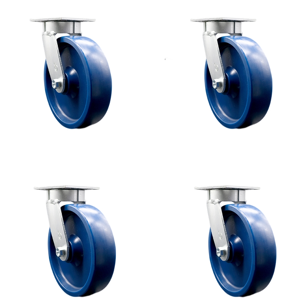 SCC-KP30S820-SPUR-BSL-4 Kingpinless Solid Polyurethane Swivel Top Plate Caster with 8 x 2 in. Blue Wheels - 4800 lbs Total Capacity - Set of 4