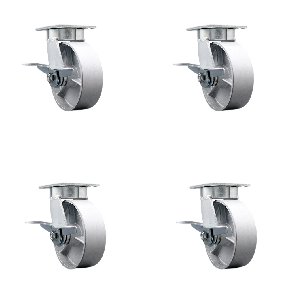 SCC-KP30S620-SSR-SLB-BSL-4 Kingpinless Semi Steel Cast Iron Swivel Top Plate Caster with 6 x 2 in. Silver Wheels - 4800 lbs Total Capacity - Set of 4