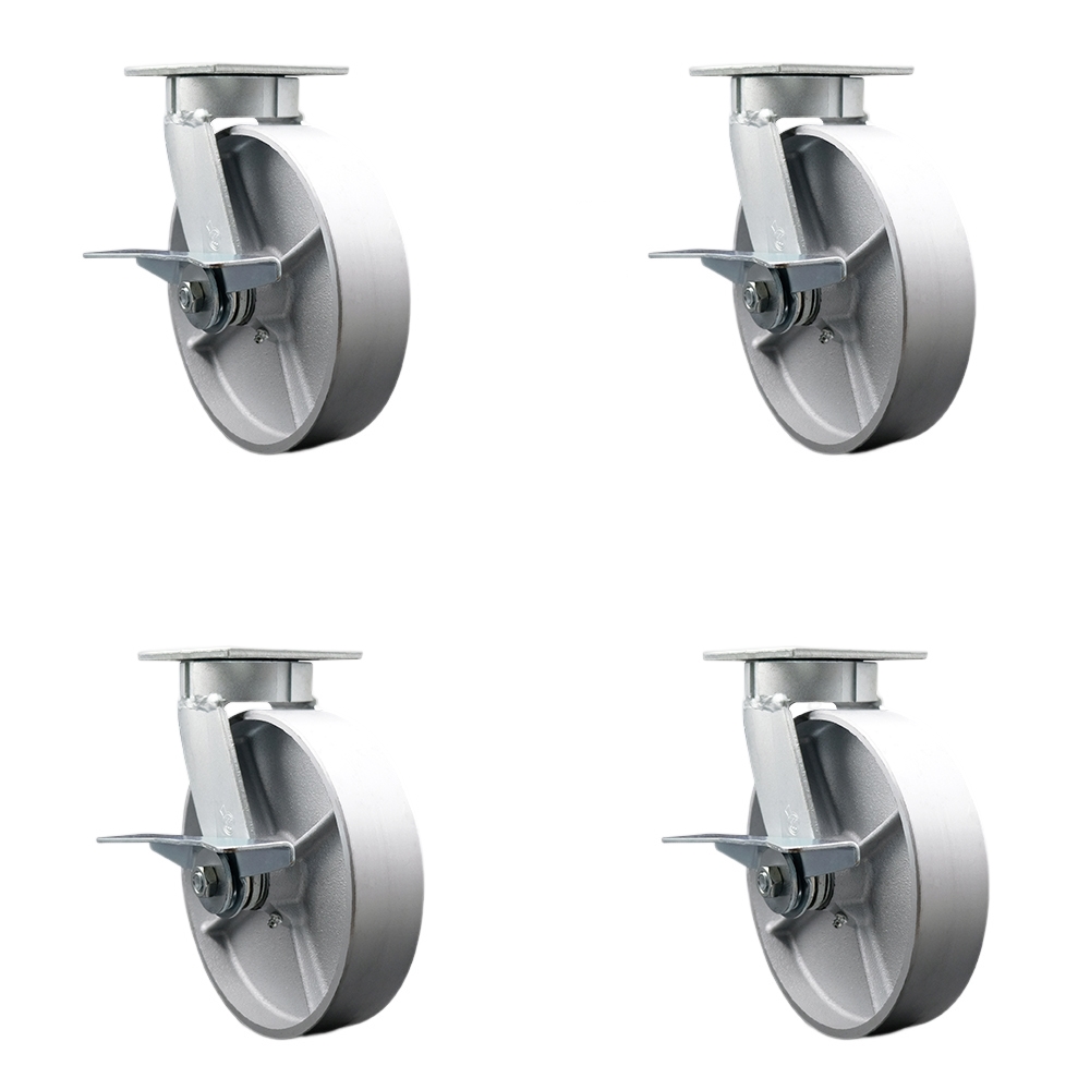 SCC-KP30S820-SSR-SLB-BSL-4 Kingpinless Semi Steel Cast Iron Swivel Top Plate Caster with 8 x 2 in. Silver Wheels - 5000 lbs Total Capacity - Set of 4
