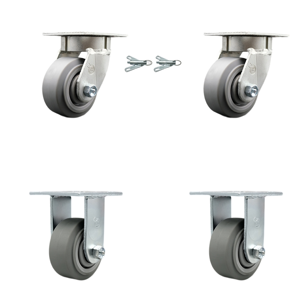 Kingpinless Thermo Rubber Flat Tread Swivel Top Plate Caster with 4 x 2 in. Gray Wheels - 1200 lbs Total Capacity - Set of 4