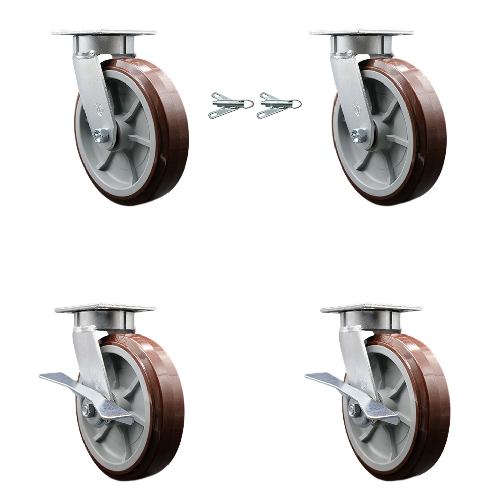 Kingpinless Polyurethane on Polyolefin Swivel Top Plate Caster with 8 x 2 in. Maroon Wheels - 4000 lbs Capacity - Set of 4
