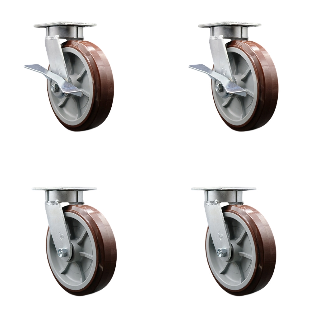 SCC-KP30S820-PPUR-SLB-BSL-2-BSL-2 Kingpinless Poly on Polyolefin Swivel Top Plate Caster with 8 x 2 in. Maroon Wheels - 4000 lbs Capacity - Set of 4