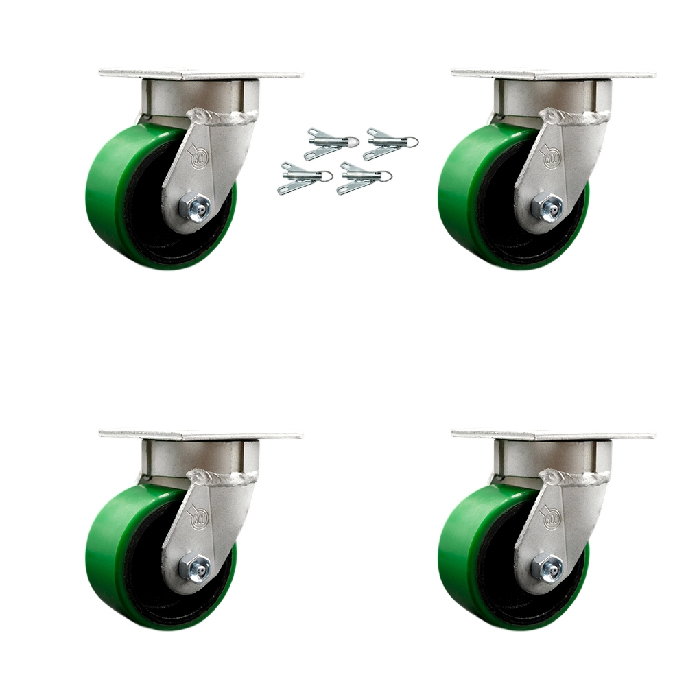Kingpinless Polyurethane on Cast Iron Swivel Top Plate Caster with 4 x 2 in. Green Wheels - 2800 lbs Total Capacity - Set of 4