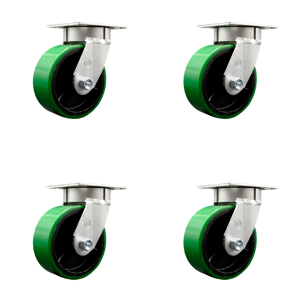 Kingpinless Polyurethane on Cast Iron Swivel Top Plate Caster with 5 x 2 in. Green Wheels - 3600 lbs Total Capacity - Set of 4