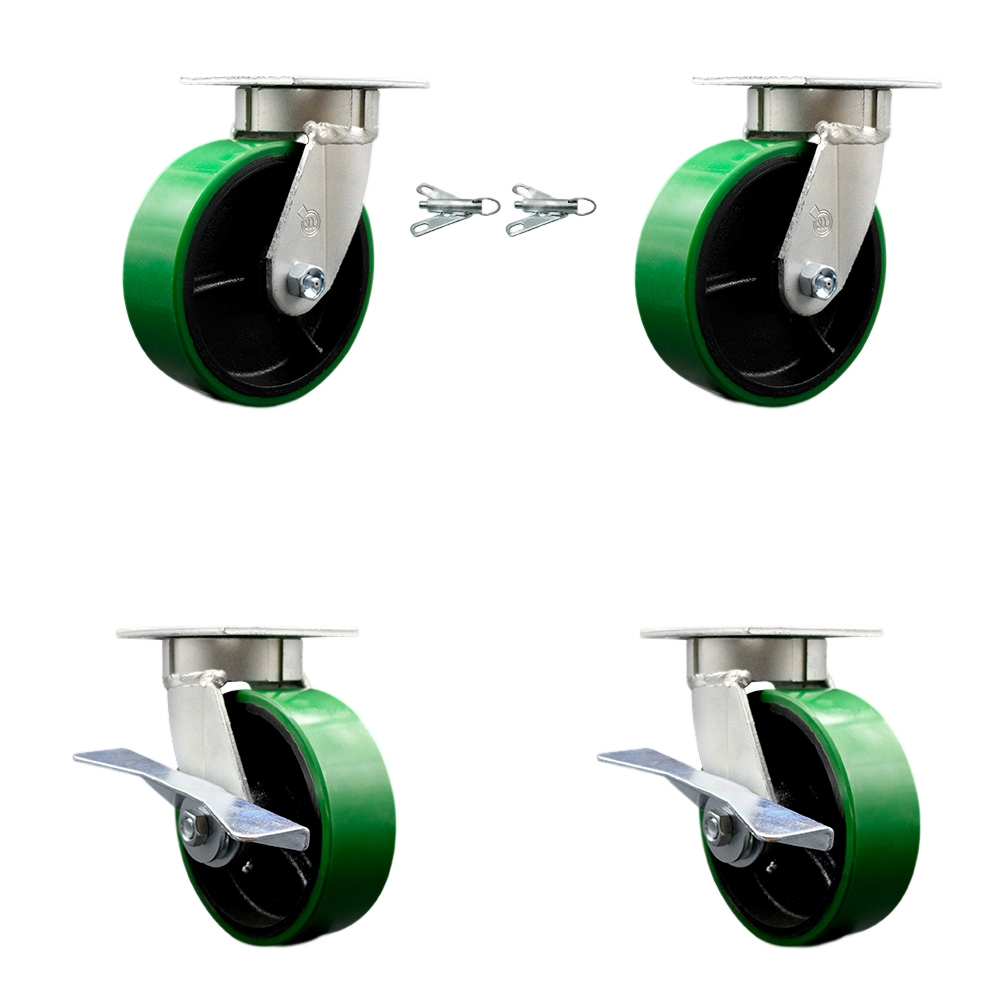 Kingpinless Polyurethane on Cast Iron Swivel Top Plate Caster with 6 x 2 in. Green Wheels - 4800 lbs Capacity - Set of 4