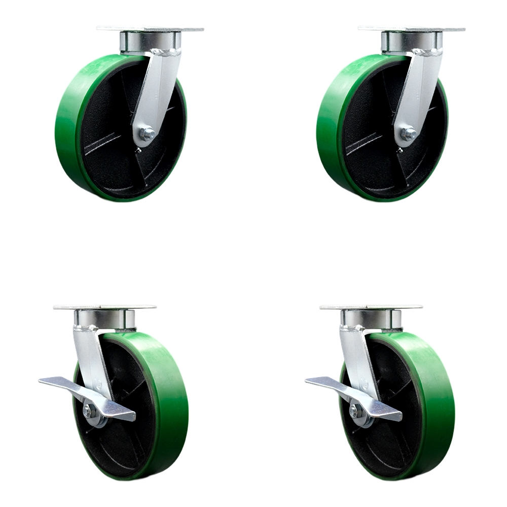 Kingpinless Polyurethane on Cast Iron Swivel Top Plate Caster with 8 x 2 in. Green Wheels - 5000 lbs Capacity - Set of 4
