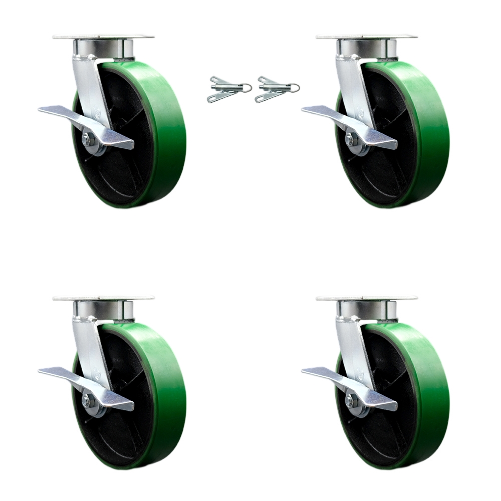 SCC-KP30S820-PUR-GB-SLB-BSL-2-SLB-2 Kingpinless Poly on Cast Iron Swivel Top Plate Caster with 8 x 2 in. Green Wheels - 5000 lbs Capacity - Set of 4