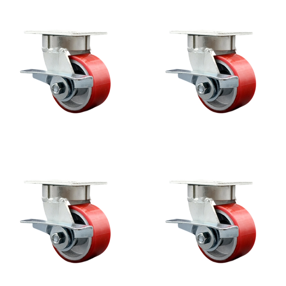 Kingpinless Polyurethane on Cast Iron Swivel Top Plate Caster with 4 x 2 in. Red Wheels - 2800 lbs Total Capacity - Set of 4