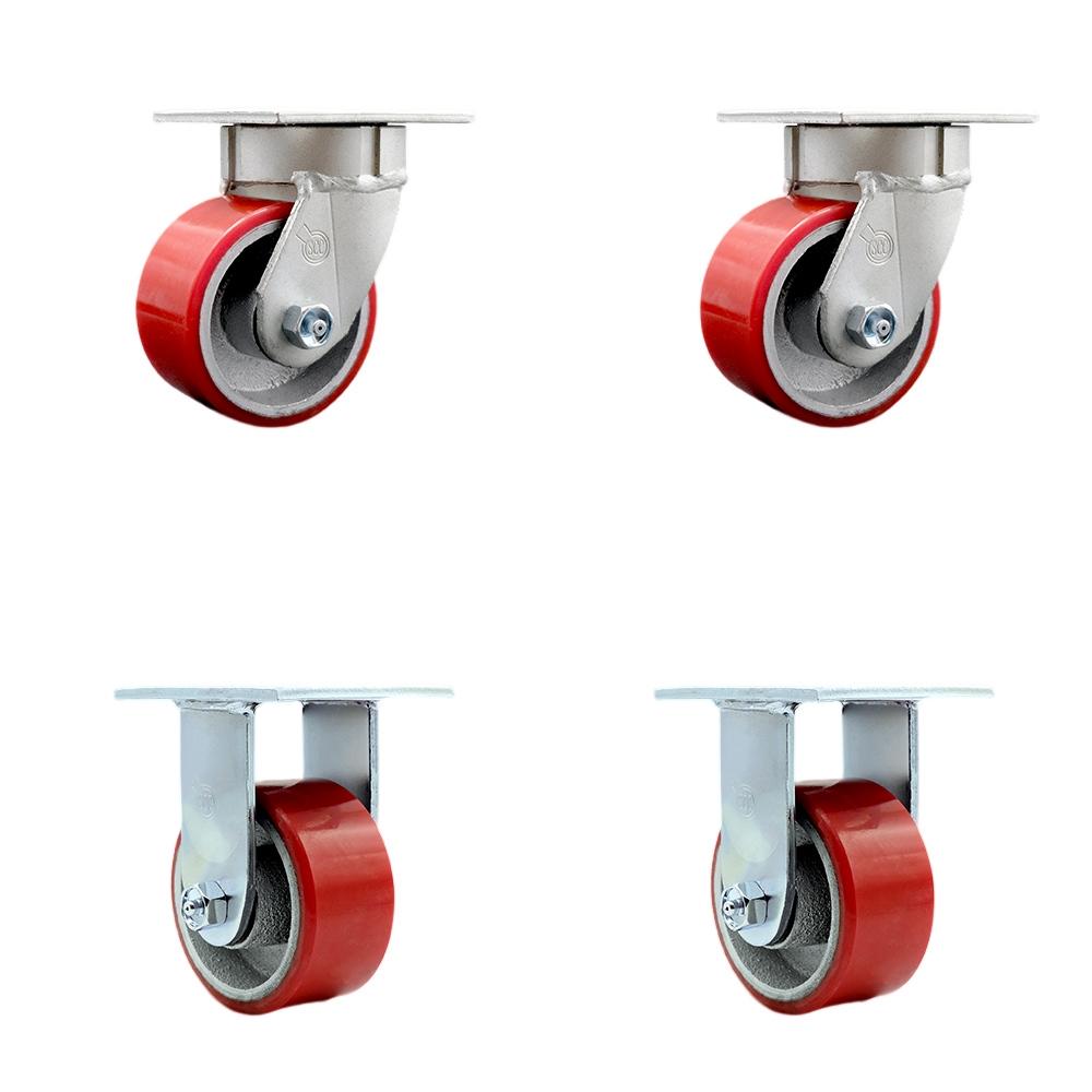 Kingpinless Polyurethane on Cast Iron Swivel Top Plate Caster with 4 x 2 in. Red Wheels - 2800 lbs Total Capacity - Set of 4