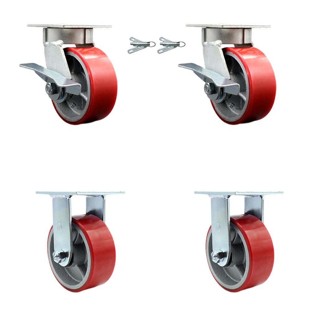 Kingpinless Polyurethane on Cast Iron Swivel Top Plate Caster with 5 x 2 in. Red Wheels - 3600 lbs Total Capacity - Set of 4