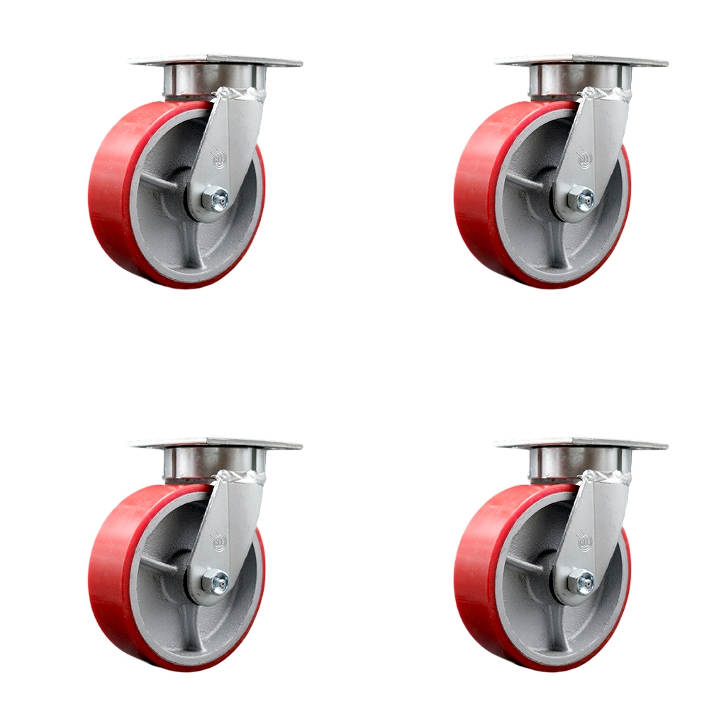 SCC-KP30S620-PUR-RS-4 Kingpinless Polyurethane on Cast Iron Swivel Top Plate Caster with 6 x 2 in. Red Wheels - 4800 lbs Total Capacity - Set of 4