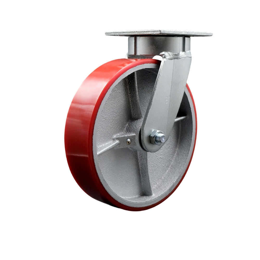 SCC-KP30S820-PUR-RS Kingpinless Polyurethane on Cast Iron Swivel Top Plate Caster with 8 x 2 in. Red Wheel - 1250 lbs Capacity per Caster