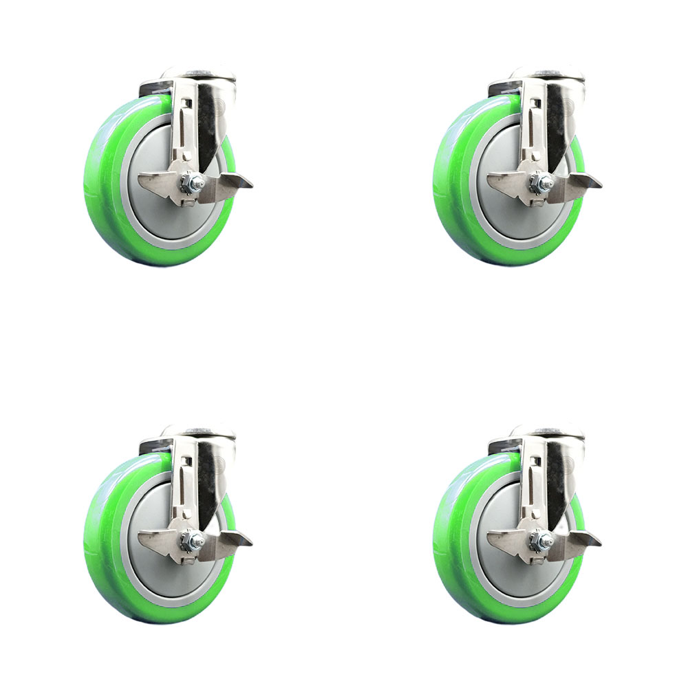 SCC-SS316BH20S514-PPUB-GRN-TLB-4 Polyurethane Swivel Bolt Hole Caster with 5 in. Green Caster Wheels - 316 Stainless Steel Casters - Set of 4