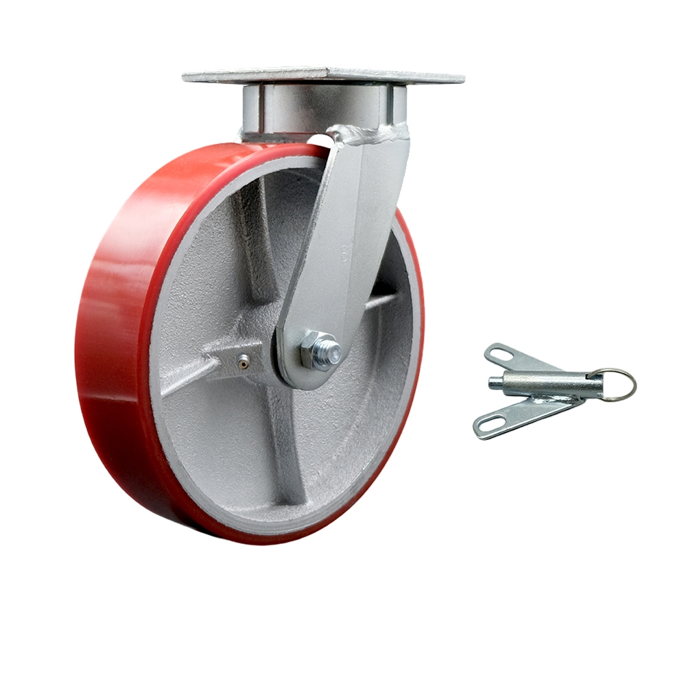 Kingpinless Polyurethane on Cast Iron Swivel Top Plate Caster with 8 x 2 in. Red Wheel & Bolt on Swivel Lock - 1250 lbs Capacity per Caster