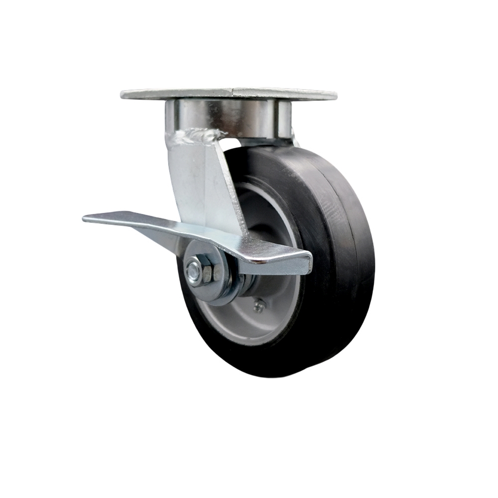 Kingpinless Rubber on Aluminum Swivel Top Plate Caster with 6 x 2 in. Black Wheel & Side Lock Brake - 550 lbs Capacity per Caster