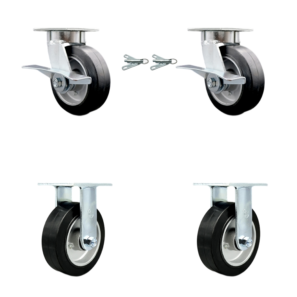 Kingpinless Rubber on Aluminum Swivel Top Plate Caster with 6 x 2 in. Black Wheels - 2200 lbs Total Capacity - Set of 4